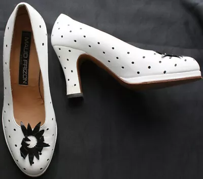 MAUDE FRIZON White Black Polka Dot Toe Platform Heels 7.5M • $74.99