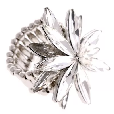 Silver Tone Stretch Metal Ring With Clear Crystal R1248-SCL • $10.99