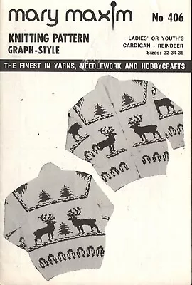 Knitting Graph Pattern Sweater Ladies Or Youth's Reindeer Mary Maxim Number 406 • $12.95