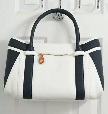 L.K. Bennett Women's Milly Grained Leather White / Navy LARGE Grab Bag Tote NEW • $339.98