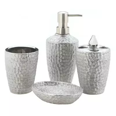 Home Bathroom Decor Hammered Silver 4-piece Bath Accessory Set Porcelain • £30.82