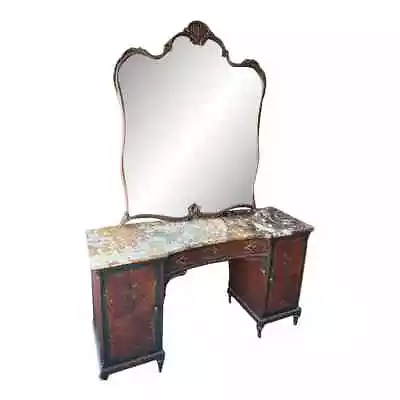 Antique American Mahogany Hand Painted Marble Top Vanity With Mirror • $1000