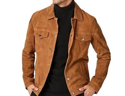 Men's Suede Leather Shirt Casual Style Slim Fit Brown Suede Jacket UK XS TO 3XL • £100