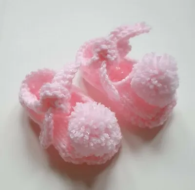 £4.99 • Buy Handmade Baby Knitted Booties / Shoes Pom Pom Newborn Soft Baby Pink Uk