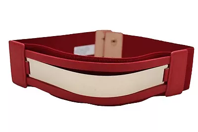 Women Gold Metal Plate Mirror Buckle Fancy Fashion Belt Red Elastic Fabric S M • $10.49