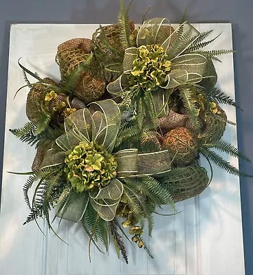 Green Yellow Burlap Mesh & Ribbon Door Wreath Spring Summer 22'' Natural • $32