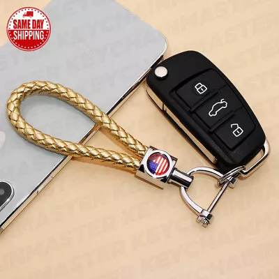 Gold Weave Calf Leather USA America U.S. Flag Logo Car Home Key Chain Ring Gift • $12.99