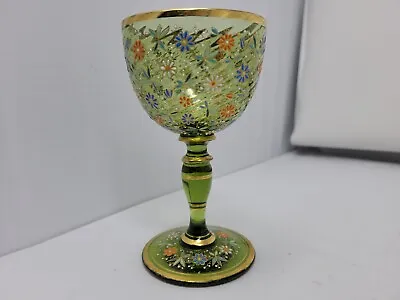 ANTIQUE Moser Type Raised Enamel Flower Pattern Wine Glass 5 1/8  • $195