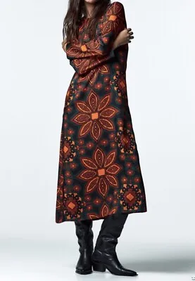 ZARA Midi Dress Sz Large Bold Print Ethnic Floral Brown Size L Blogger Favorite • $33.99