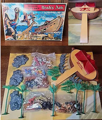 Vintage NOS 1960 Miniature Noah's Ark Play Set Animals Trees People Toy (A) • $89.99