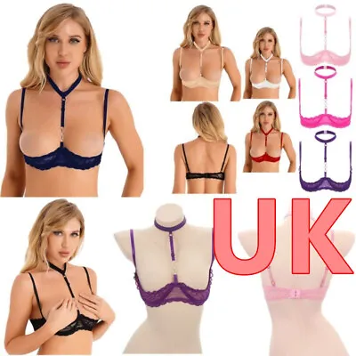 UK Women Lace Bra Open Chest Push Up Halterneck Bras Bralette Lingerie Underwire • £12.48