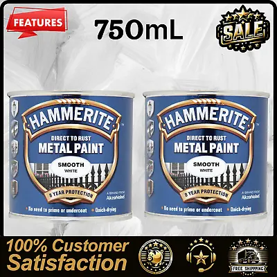 2x Hammerite Direct To Rust Metal Paint - Smooth White Finish 750ML • £58.14