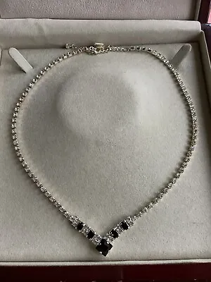 Vintage Style Marks & Spencer Rhinestone V Shaped Necklace Black Clear Crystals • £7.99