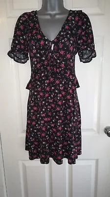 Miss Selfridge Black And Red Floral Peplum Tea Dress Size 10 • £8