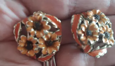 Vintage Sunflower Clip On Earrings Orange Enamel Flowers Gold Tone 1  E79 • $7