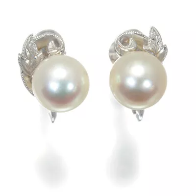 Auth MIKIMOTO Earrings Akoya Pearl 8.0mm Leaf Milgrain 14K 585 White Gold • $373.43