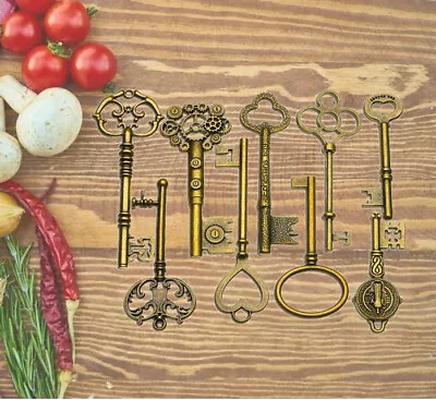 $6.91 • Buy 9X Antique Vintage Keys BIG Large Old Brass Skeleton Lot Cabinet Barrel Lock