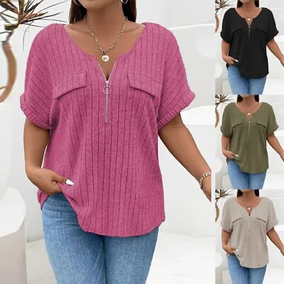 Plus Size Womens Ribbed V Neck Tunic Tops Tee Short Sleeve T Shirt Blouse Shirt • £3.09