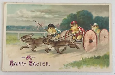 Vintage Easter Greeting Postcard Dressed Baby Chicks Harness Racing Rabbits • $3.99