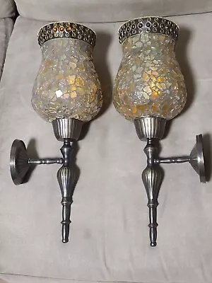 Two Multifaceted Light Brown Mosaic Glass Sconces  From India 15 Inches Long • $25