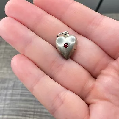 Vintage 925 Sterling Silver  Earnie  Red Stone Puffy Heart Bracelet Charm • $27.99