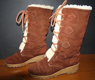 VTG Women's Suede Leather Boots 6 Tall Sherpa Shearling Tie Lace-up Wedge • $50