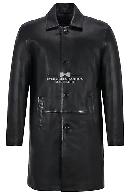 Men's Trench Black Leather Coat 3/4 Knee Length Classic Real Lambskin Coat 1476 • £138.56