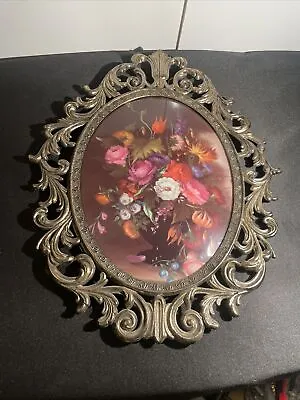 VTG Victorian Floral Oval Ornate Brass Framed Picture FR Italy Flowers Bouquet • $37.99