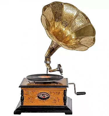 Antique Style Gramophone Complete With Horn  Decorative Wooden Base (h) • £260.75