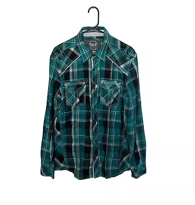 BKE Shirt Mens Large Blue Teal Plaid Pearl Snap Athletic Fit Buckle Western • $15