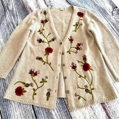 J. Jill Wool Blend Floral Embroidered Long Beige Cardigan • $30