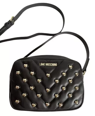 Love Moschino Black Quilted Crossbody Borsa Matt Gold Chain Bag Logo Heart Studs • $90