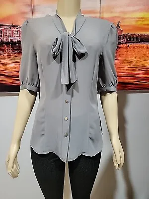 Miss Tina Gray Tie Front Sheer Chiffon Short Sleeve Top Blouse Signed Button #C • $4.99