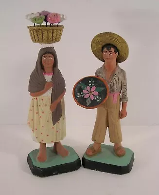 2 VINTAGE TLAQUEPAQUE TONALA CLAY MEXICAN VENDOR FIGURINES Flower Batea Vendor • $49.95