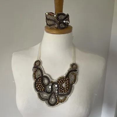 Zara Jewel Pearl Bead Rhinestone Embellished Bib Necklace & Bangle Ribbon Tie • $27.98