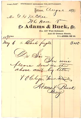 1870 Adams & Buck Dealer Billhead To G.G. McKee BALTIMORE MD • $12.99