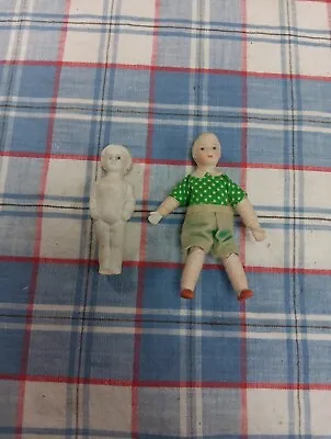 2 VINTAGE ANTIQUE JOINTED BISQUE  DOLLS Shackman  Dollhouse Mini GERMANY JAPAN • $9