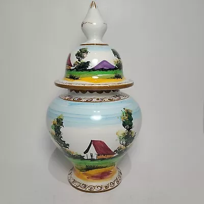 Portugal Ceramic Vase With Lid Decorative Hand Painted Village Countryside  • $30