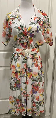 Vintage 1980s Kwai Sheer Floral Print Garden Party Tea Pleated Dress SZ 10 • $31.99