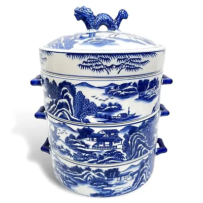 Vintage Blue Willow Bombay Porcelain Tiffin Box Chinese Dragon Stacking Dish • $249.99