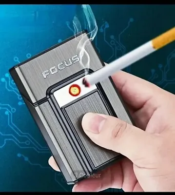 Outdoor Metal Cigarette-Case With Windproof USB Lighter Black Storage Box Holder • $12