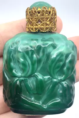 Czech Malachite Green Glass Perfume Bottle Snuff Bottle 1930s Iris Flower Vtg • $62