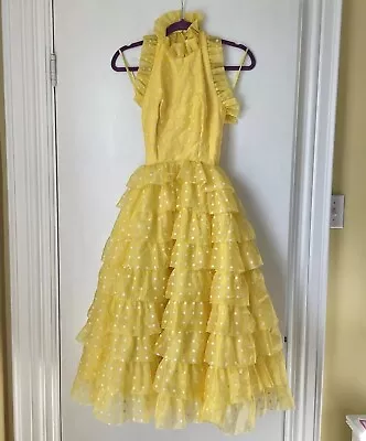 Vtg 60’s Nadine Sz 3 Yellow Tiered Ruffle Polka Dot Sleeveless Prom Midi Dress • $99.99
