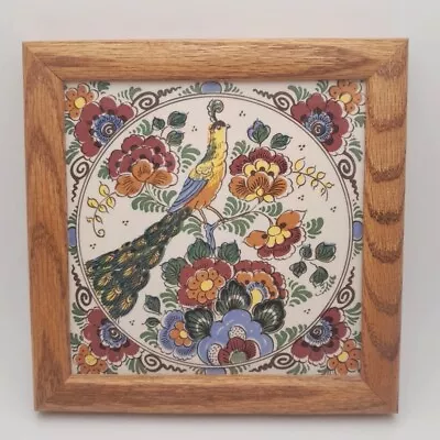 VTG Delft Holland Ceramic Peacock Floral Tile Hand Painted Framed 7.25  Square • $14.27