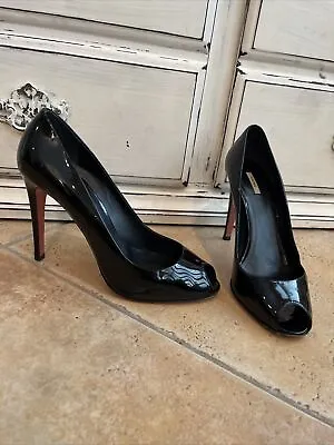 PRADA MIU MIU Black Patent Leather 39 8.5 Open-toe Pumps Heels Shoes • $79.99