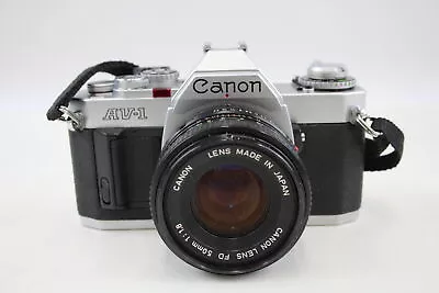 Canon AV-1 SLR Vintage Film Camera All Black Working W/ Canon FD 50mm F/1.8 Lens • £16
