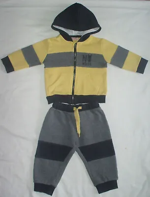 Baby Boys Grey Navy & Yellow Hooded Jogging Suit From Brums 9 Months (74cm) • £2.50