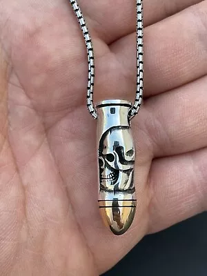 Men's Real 925 Sterling Silver & 14k Gold Plated Bullet W. Skull Pendant Chain • $92.77