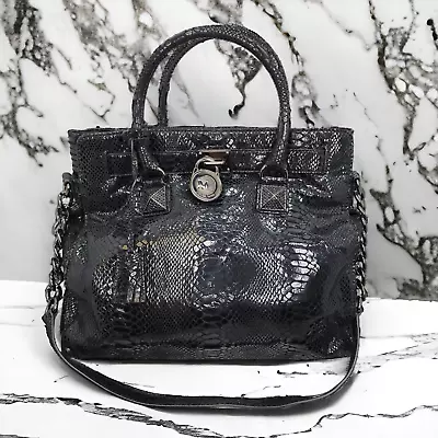 Michael Kors Embossed Black Glossy Python Leather Hamilton Purse Bag Handbag • $59.95