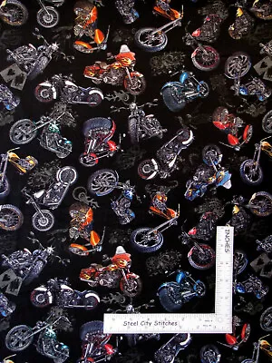 Motorcycle Chopper Biker Bikes On Black Cotton Fabric QT Easy Rider By The Yard • $10.93